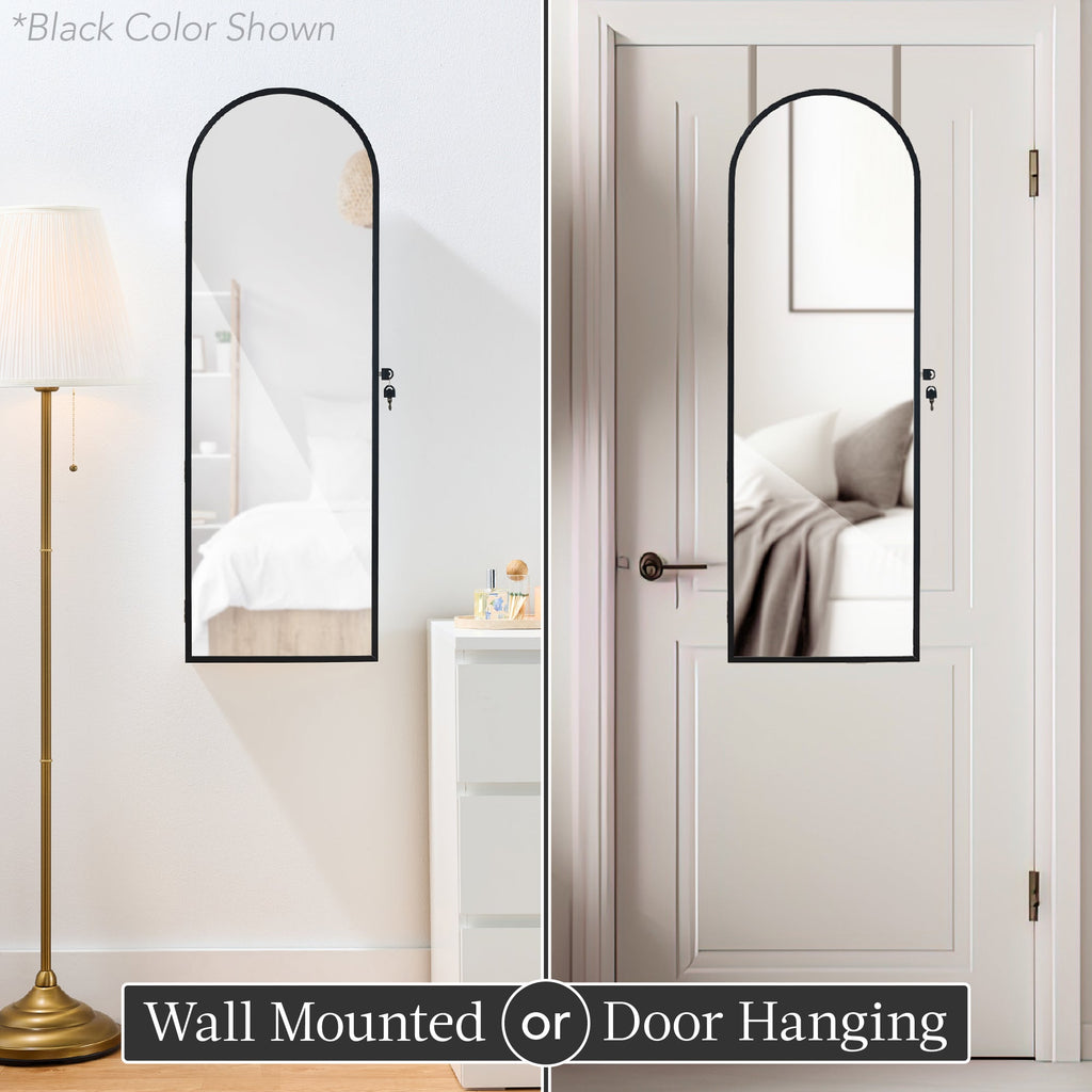 Door/Wall Mounted Arch Mirror Jewelry Armoire w/ Metal Frame Built-In Lock