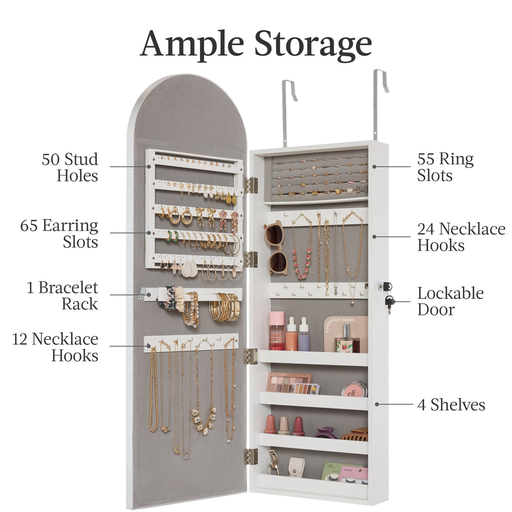 Door/Wall Mounted Arch Mirror Jewelry Armoire w/ Metal Frame Built-In Lock