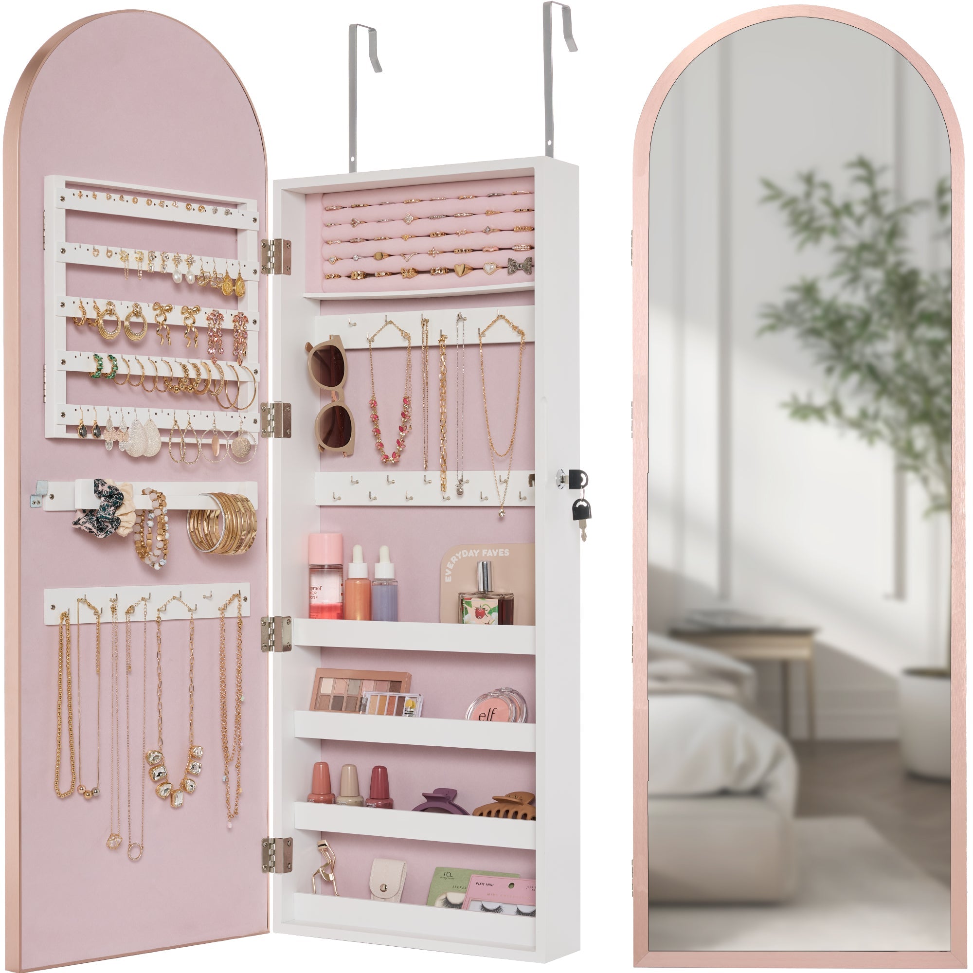 Door/Wall Mounted Arch Mirror Jewelry Armoire w/ Metal Frame Built-In Lock