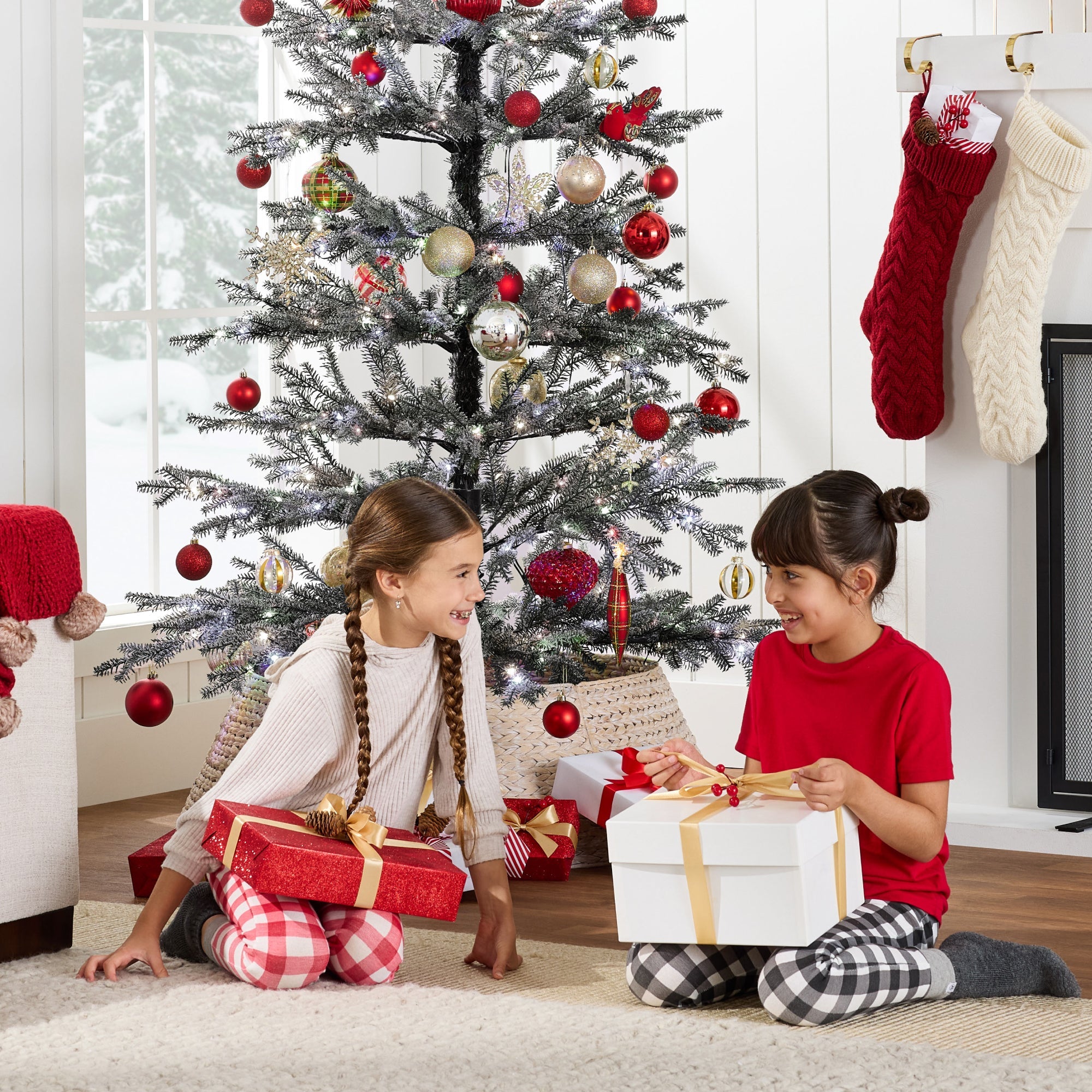 Black Pre-Lit Sparse Flocked Christmas Tree w/ 2-in-1 LEDs Cordless Connection
